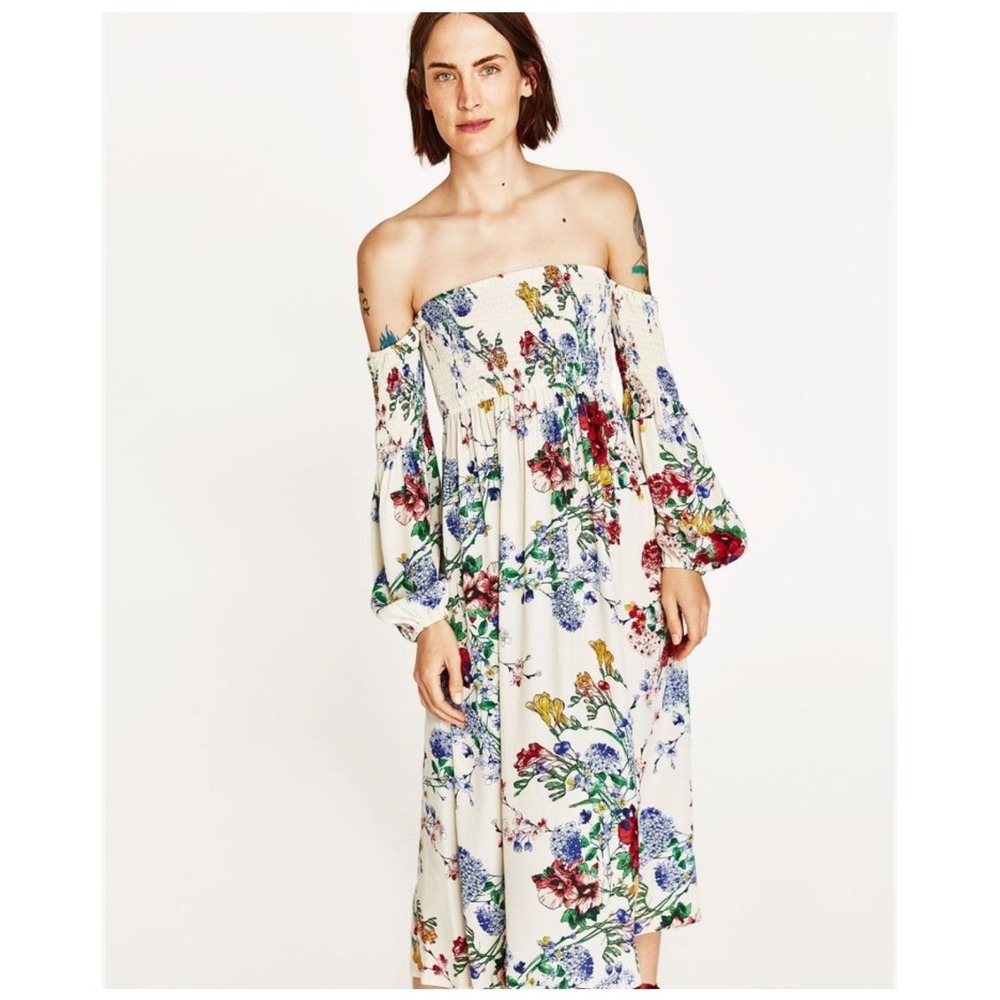 Zara Woman Floral Smocked Midi Dress Off Shoulder Puff Sleeve Ivory Multi Size L
